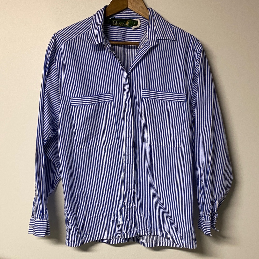 TULCHAN Blue and White Striped Button-Down Shirt 100% Cotton Made in England